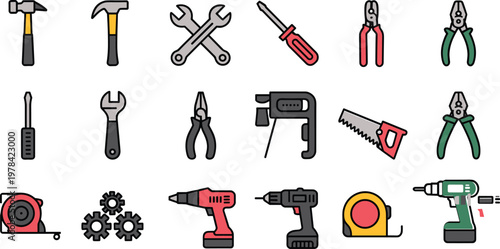 \Hand tools, power tools, construction equipment, repair icons, DIY toolkit, mechanic hardware, workshop illustration, industrial vector, colorful grid design