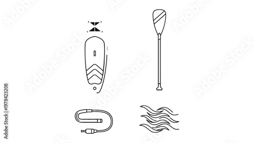Paddleboard Gear: An illustration, featuring essential gear, meticulously drawn to highlight the key components of paddleboarding. including a board, paddle, leash, and water.  