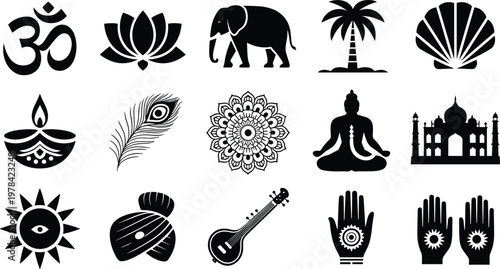 Indian culture icons, spirituality symbols, yoga meditation, Taj Mahal heritage, lotus flower, Om sign, peacock feather, diya lamp, sitar music, mandala art