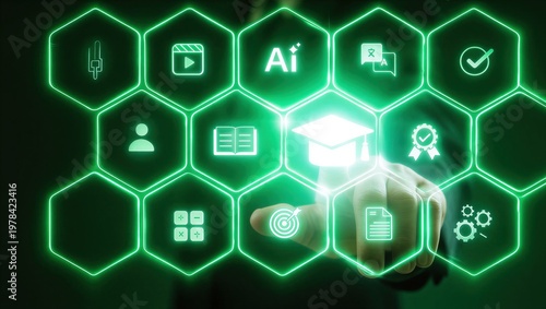 Digital certification and online learning powered by ai education technology, professional accessing secure elearning platform for accredited course assessment and verified credential development