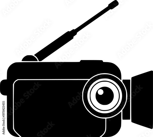 Black silhouette of a handheld video camera with antenna and lens, , flat design isolated on white background
