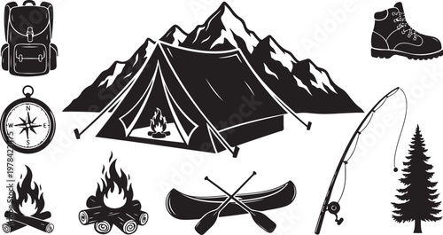 Camping and hiking icons in black and white color