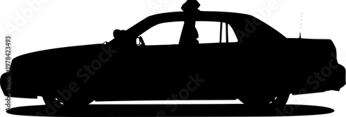 Police car silhouette, side view, against , black shadow isolated on white background
