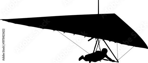 Silhouette of a person flying a hang glider in flight against a isolated on white background

