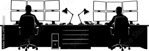 Silhouette of two people working at a control room desk with multiple computer monitors and lamps, in a minimalist flat isolated on white background
