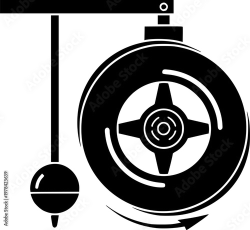 Black silhouette of a simple machine with a pendulum and a rotating wheel on a , flat design isolated on white background
