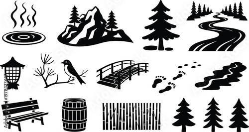 Nature silhouette icons, mountain landscape, pine tree, bamboo forest, hot spring, river stream, bird branch, lantern, bridge, footprints, bench, barrel