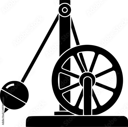 Black silhouette of a simple machine with a pendulum and a rotating wheel on a , flat design isolated on white background
