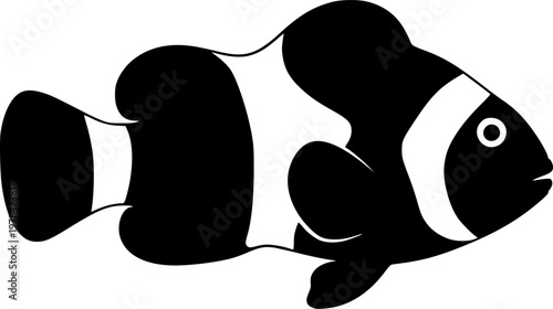 Minimalist black clownfish silhouette icon symbol isolated on white background
