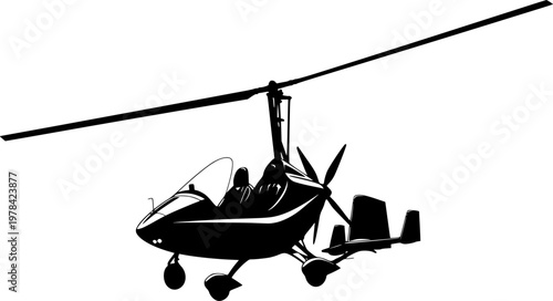 Silhouette of a gyrocopter aircraft in flight against a isolated on white background
