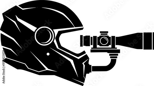 Black silhouette of a futuristic helmet with a scope and pipe, isolated on white background
