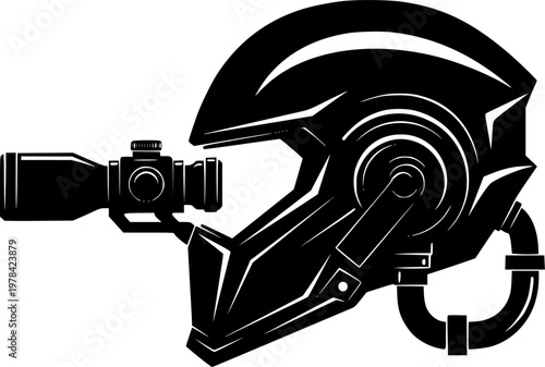 Black silhouette of a futuristic helmet with a scope and pipe, isolated on white background
