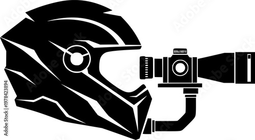 Black silhouette of a futuristic helmet with a scope and pipe, isolated on white background
