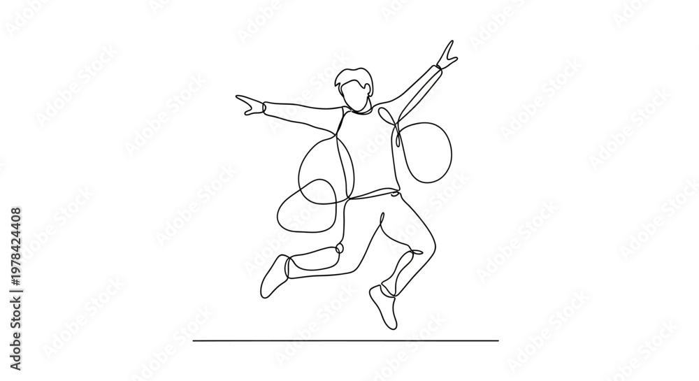 Fototapeta premium Joyful Man Jumping Mid-Air, Arms Wide Open, Celebrating Success, Single Line Art