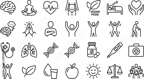 Healthcare and wellness line icons set featuring fitness, mental health, nutrition, medical care, healthy lifestyle, anatomy, and wellbeing symbols for modern design use