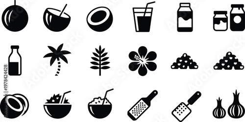 Tropical coconut icons, palm tree, hibiscus flower, juice glass, milk bottle, kitchen tools, grater, onions, food, agriculture, cooking