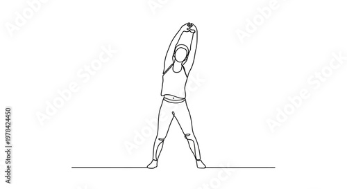 Woman stretching arms overhead, full body, minimalist line art, fitness concept