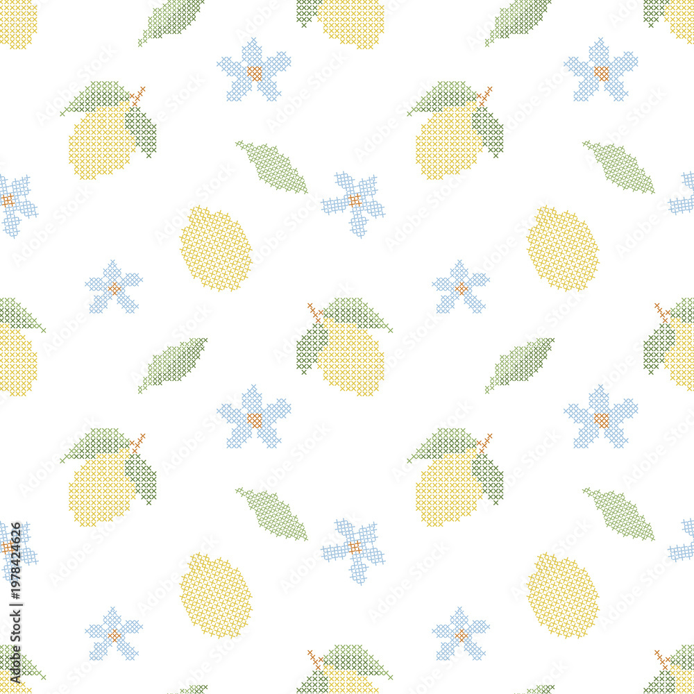 Fototapeta premium Seamless Cross Stitch Lemon Pattern Blue Floral Embroidery Summer Kitchen Baby Textile Fabric Background