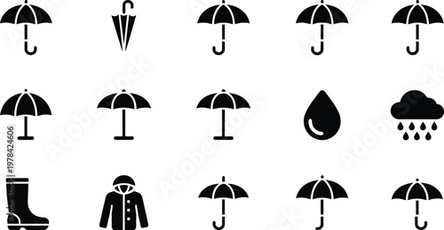 Umbrella icons, raincoat silhouette, rain boot, raindrop, cloud with rain, beach umbrella, weather gear vector set, black grid illustration