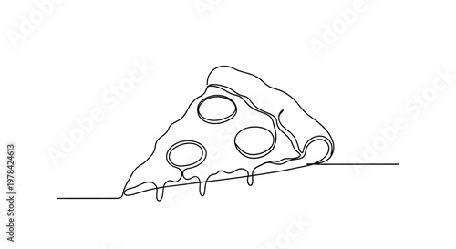 Minimalist single line drawing of a pepperoni pizza slice with dripping cheese on a white background.