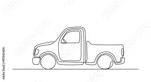 Single Line Drawing of a Pickup Truck, Minimalist Vehicle Icon on White Background
