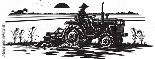 Farmer plowing field with tractor at sunset rural landscape
