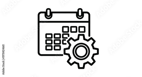 A black and white line drawing depicts a calendar with a gear symbol representing scheduling and automation