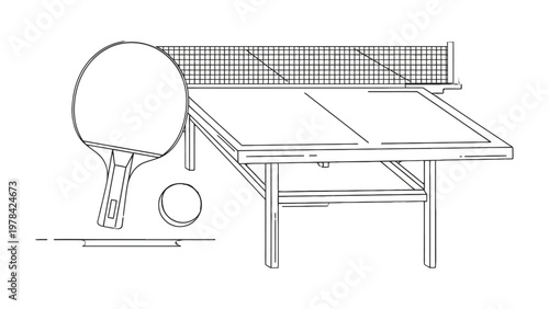 Ping Pong Essentials: A sleek, top-down view showcases the core components of table tennis: the net-equipped table, a paddle, and a ball, ready for action.