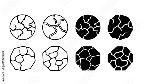 Set of cracked ground and geometric surface textures in circular shapes for environmental or industrial design projects in vector format