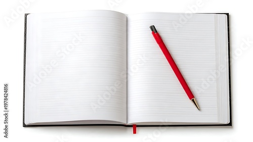 Open blank notebook with red pencil for writing and drawing on white background