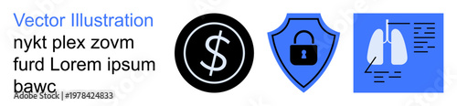 Financial security, cybersecurity, healthcare, technology, business, medical research. Black dollar sign, shield with lock and lung illustration. Financial security and cybersecurity concept