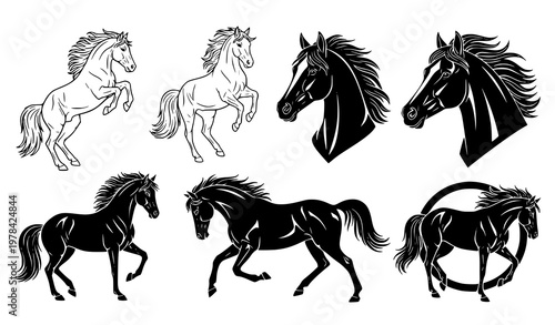 Elegant collection of horse head and running horse silhouettes in a professional black and white vector art style for equestrian branding