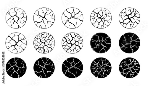 Detailed set of cracked earth and geological surface textures in circular icons for environmental and industrial graphic design projects