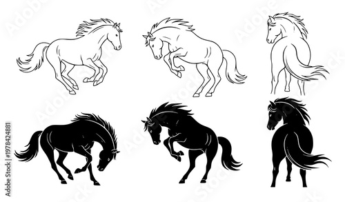 Set of six artistic horse illustrations featuring dynamic poses in outline and solid black silhouette styles for equestrian design projects and logos