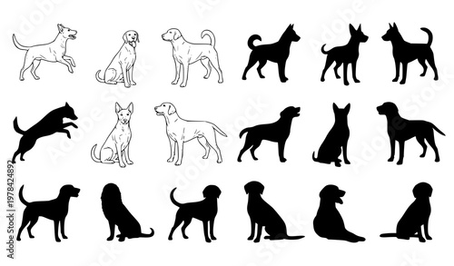 Diverse collection of dog silhouettes and line art illustrations capturing various breeds in playful sitting standing and running poses for pet designs