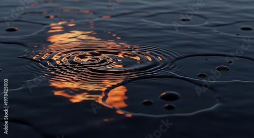 Glossy water surface with liquid ripples reflecting warm orange sunset light