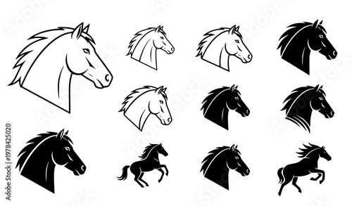 Collection of horse head and galloping horse silhouettes for equestrian logo design and athletic branding icons on white background