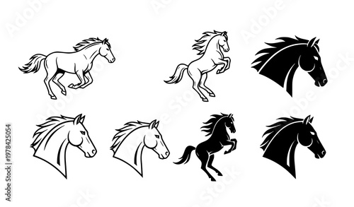 Collection of horse and stallion icons featuring rearing and running poses for sports branding and equestrian logo graphic design elements