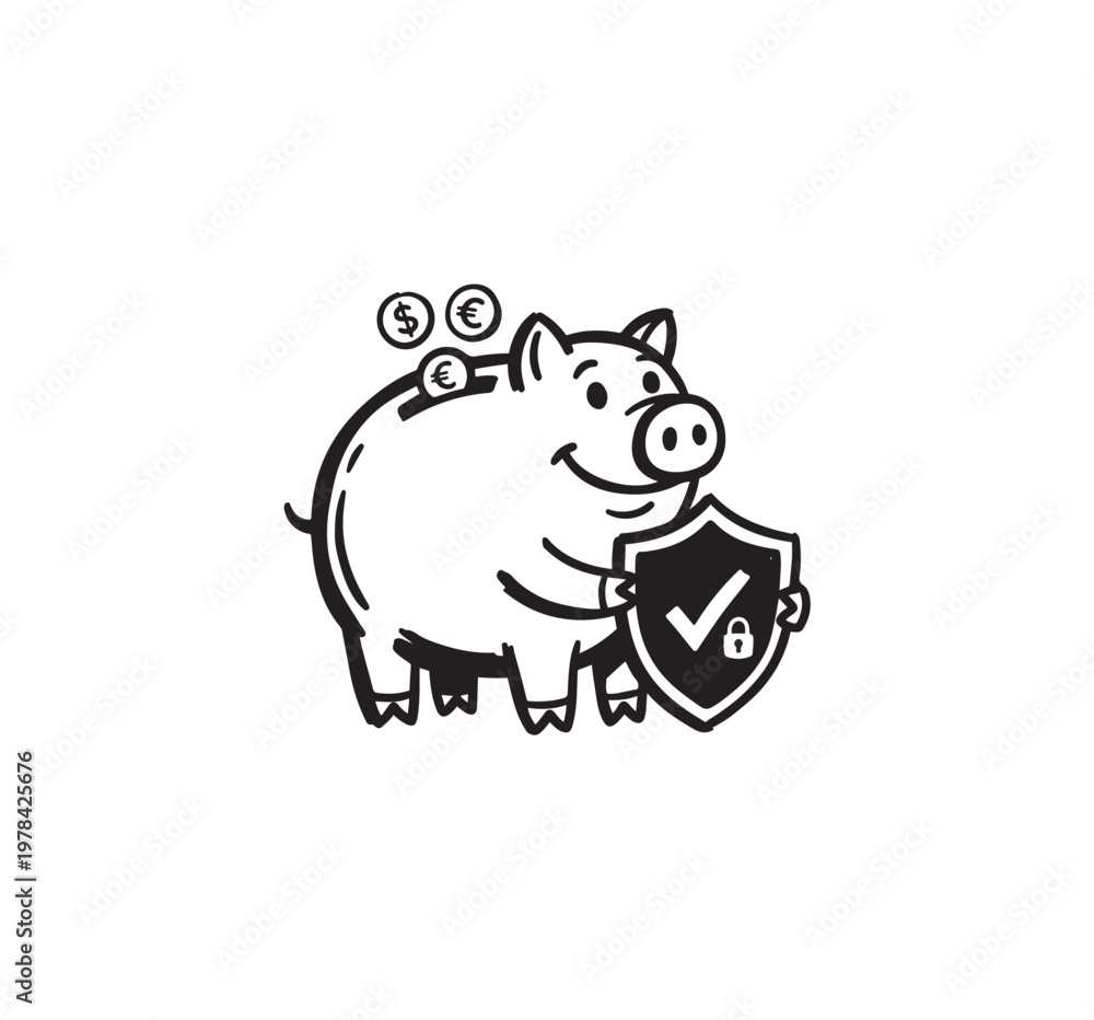 Obraz premium Piggy bank with shield and coins symbolizing financial security.