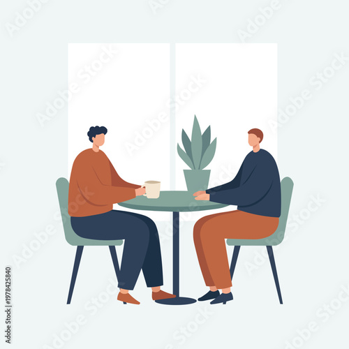 Minimalistic 2D Flat Vector Illustration of Two people having a conversation over coffee at a table