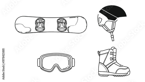 Snowboarding Gear Outline: A set of essential snowboarding equipment presented in a clean outline illustration, featuring a snowboard, helmet, goggles, and boot.
