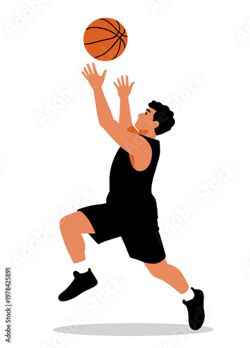 Basketball player in black uniform jumping with ball in air. Sport illustration representing catch or pass action during gameplay.