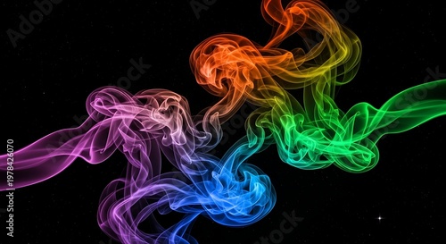 Vibrant rainbow smoke clouds swirling against black background colorful misty tendrils twisting and turning in air