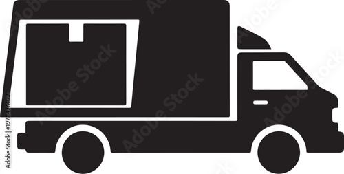 Black delivery truck silhouette on white background simple icon