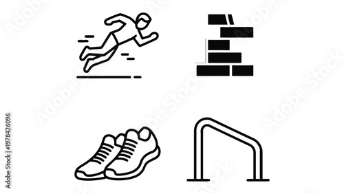 Athletic Elements: A compilation of essential elements: running athlete, a brick wall, athletic footwear, and a parallel bar, embodying the essence of athletic activities.