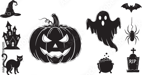 Halloween icons set with spooky symbols and black silhouettes