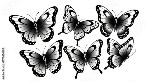 Seven black and white butterflies flying together in a group on a plain background