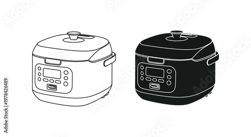 Two electric pressure cookers shown in contrasting views a silhouette