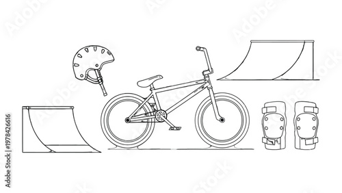 BMX Bicycle and Skate Park Gear: A monochrome line drawing showcases the essential gear for BMX riding and skateboarding, emphasizing the elements of adventure and skill.