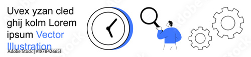 Productivity, time management, business operations, work efficiency, project planning, task analysis. Clock, gear icons person with a magnifying glass observing elements. Productivity and time